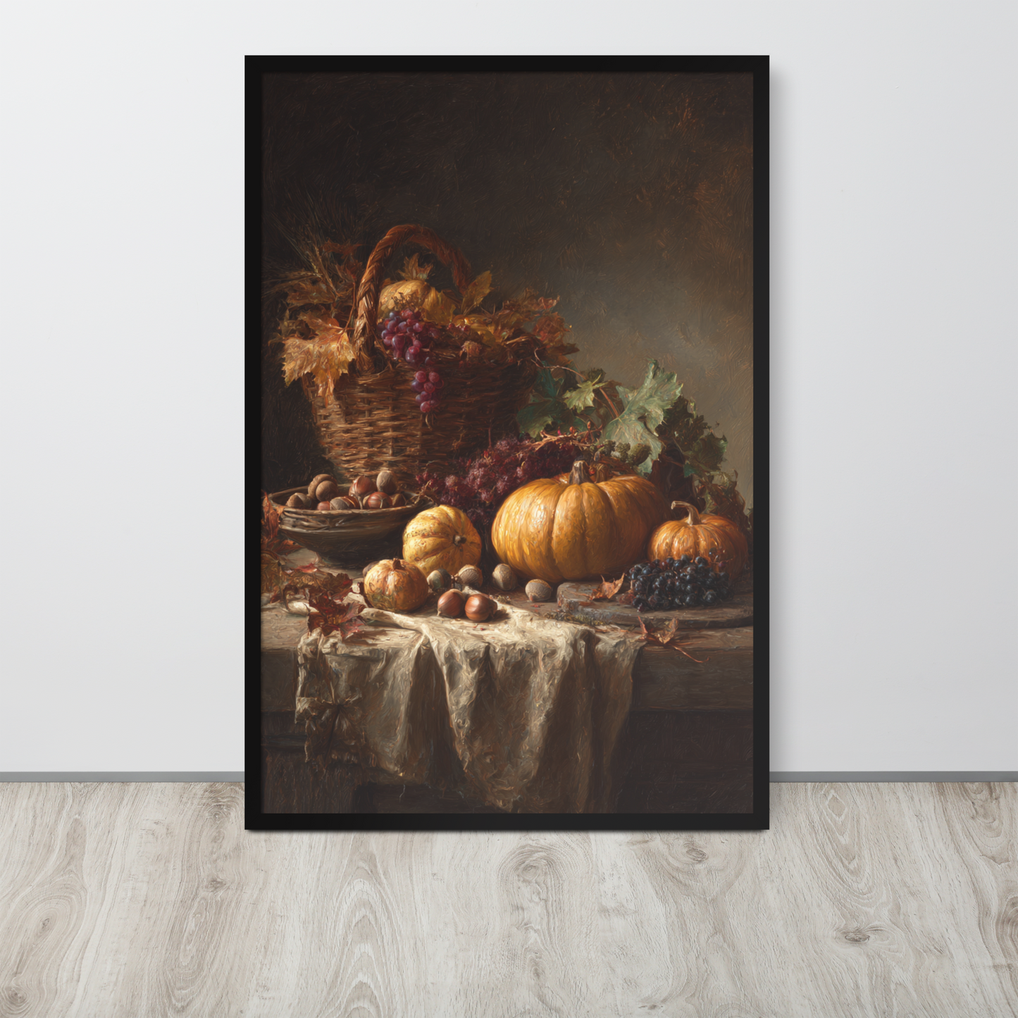 Autumn Harvest Still Life Framed Art Print – Rustic Pumpkin & Vineyard Oil Painting for Vintage Farmhouse Wall Décor