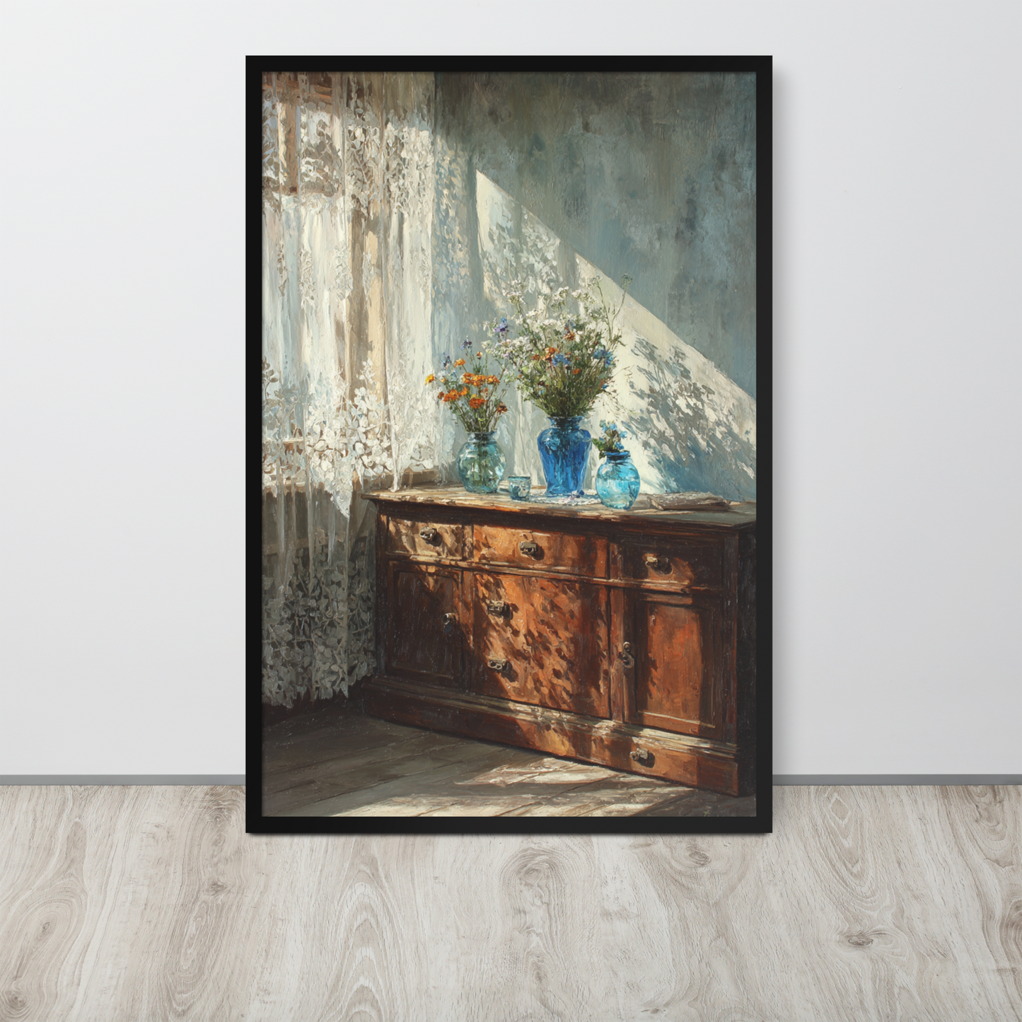 Blue Glass Vase Still Life Framed Art – Sunlit Vintage Interior Oil Painting Print for Rustic Farmhouse & Cozy Wall Decor