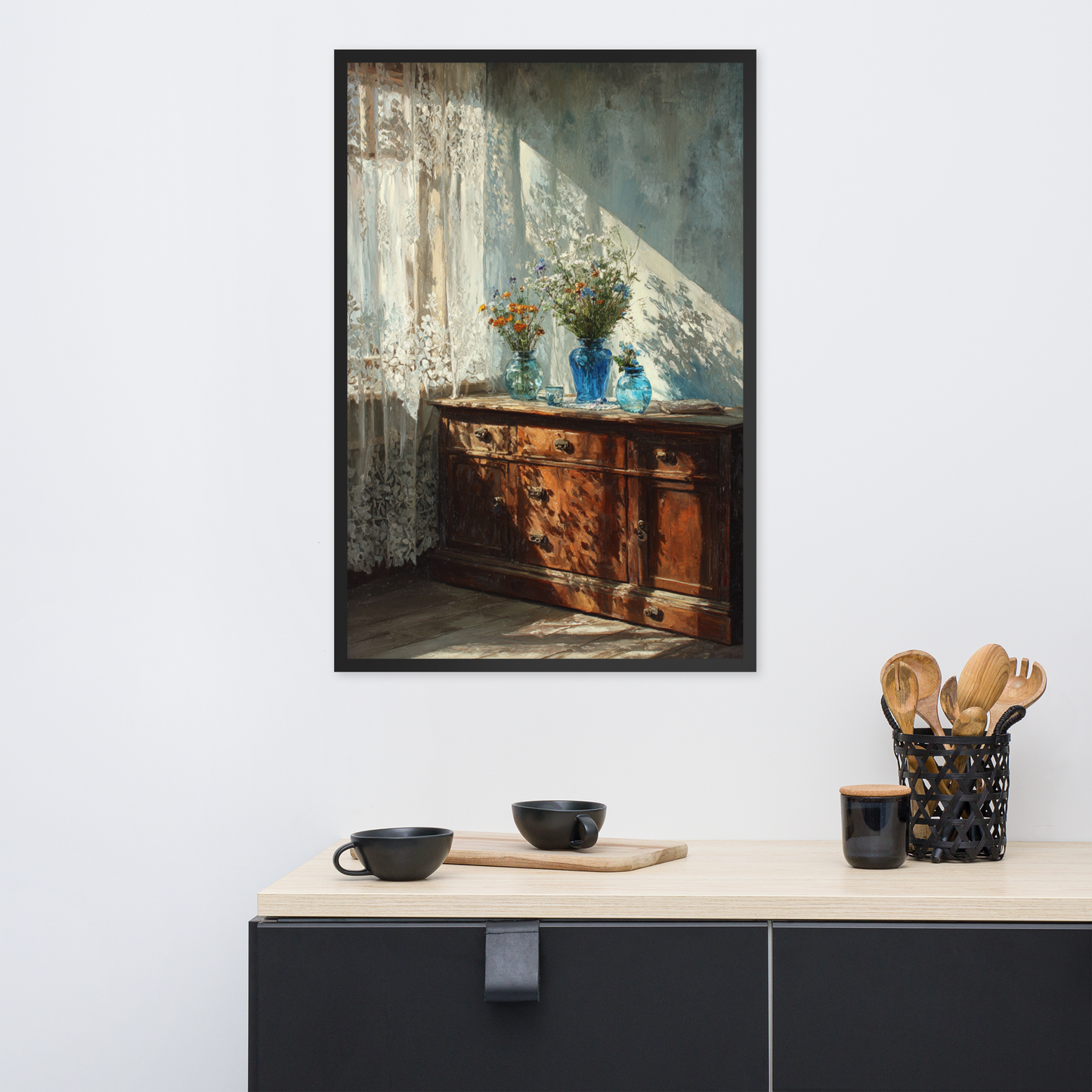 Blue Glass Vase Still Life Framed Art – Sunlit Vintage Interior Oil Painting Print for Rustic Farmhouse & Cozy Wall Decor
