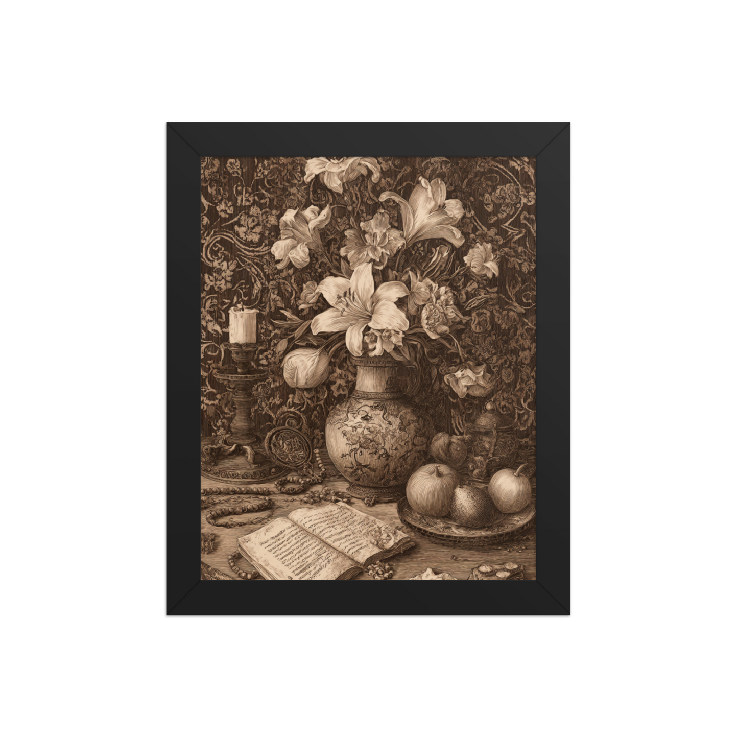 Sepia Renaissance Still Life – Framed Poster Wall Art | Symbolic Floral Decor | Printable Antique Aesthetic