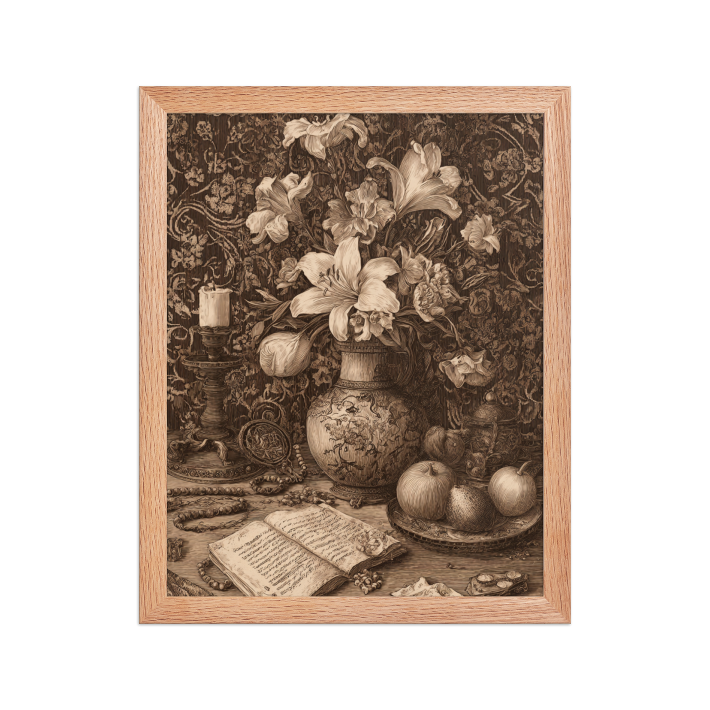 Sepia Renaissance Still Life – Framed Poster Wall Art | Symbolic Floral Decor | Printable Antique Aesthetic