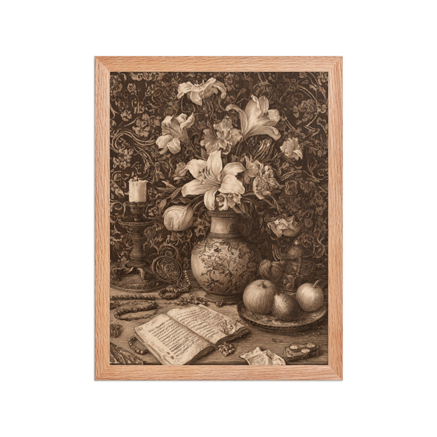 Sepia Renaissance Still Life – Framed Poster Wall Art | Symbolic Floral Decor | Printable Antique Aesthetic