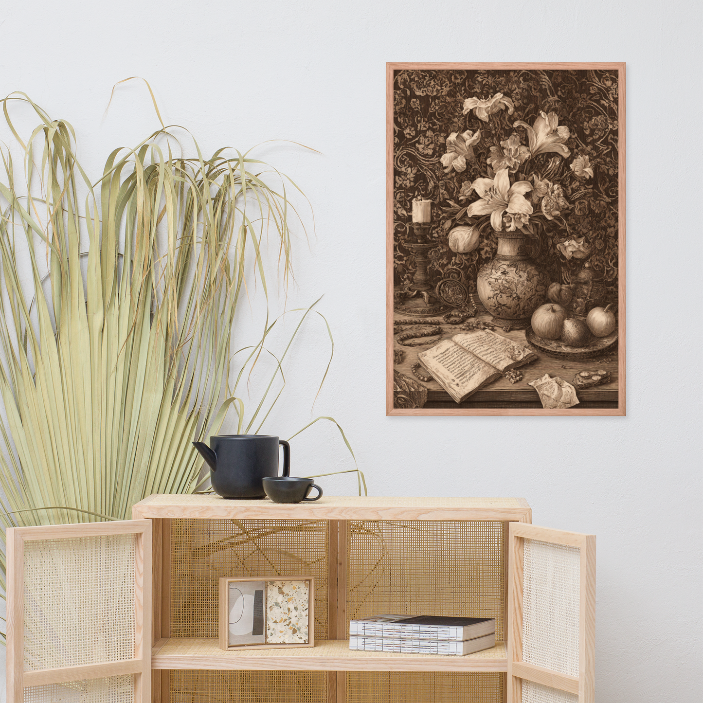 Sepia Renaissance Still Life – Framed Poster Wall Art | Symbolic Floral Decor | Printable Antique Aesthetic