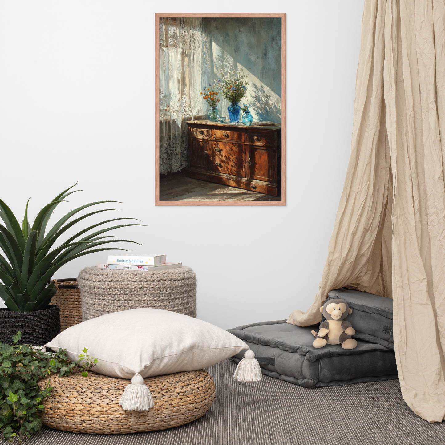 Blue Glass Vase Still Life Framed Art – Sunlit Vintage Interior Oil Painting Print for Rustic Farmhouse & Cozy Wall Decor