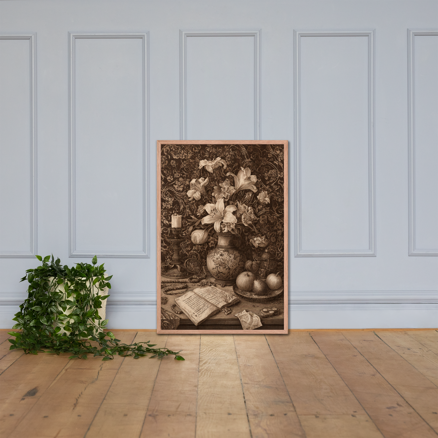 Sepia Renaissance Still Life – Framed Poster Wall Art | Symbolic Floral Decor | Printable Antique Aesthetic