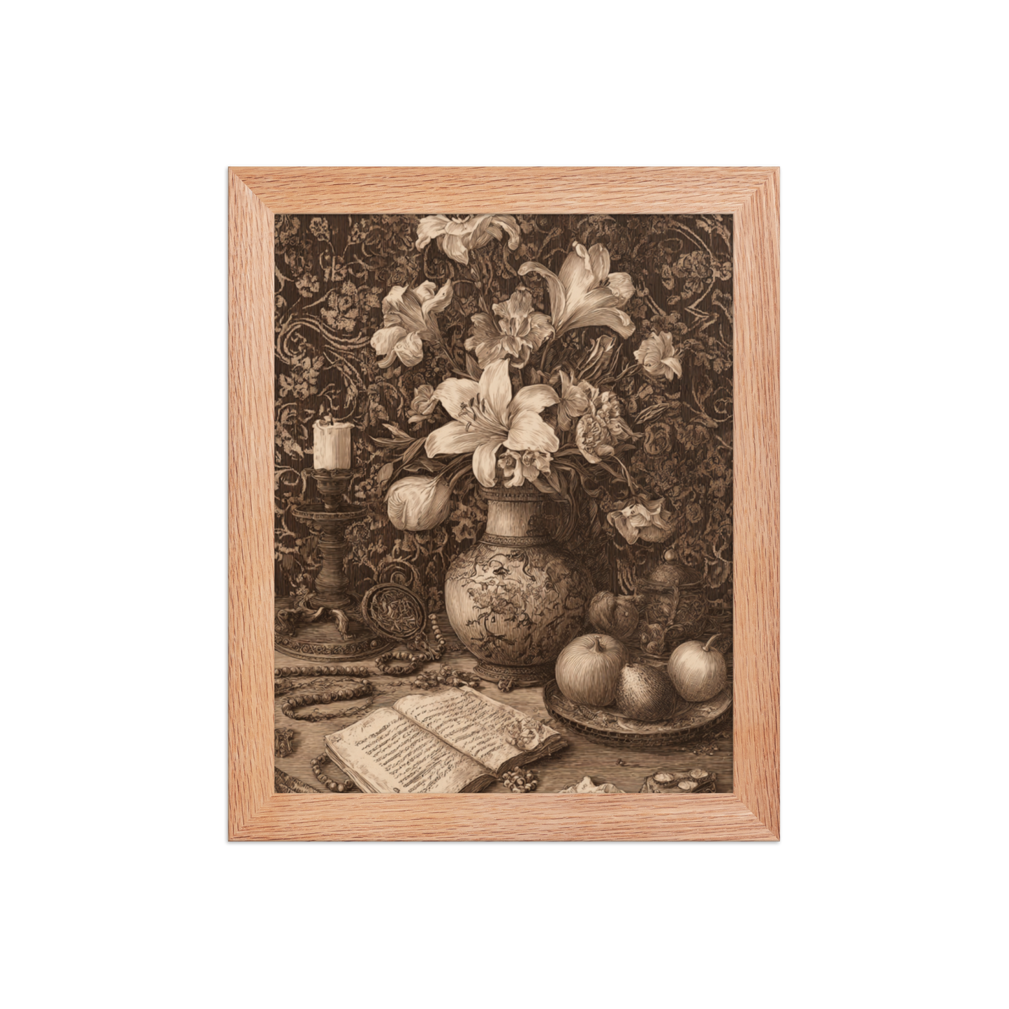 Sepia Renaissance Still Life – Framed Poster Wall Art | Symbolic Floral Decor | Printable Antique Aesthetic