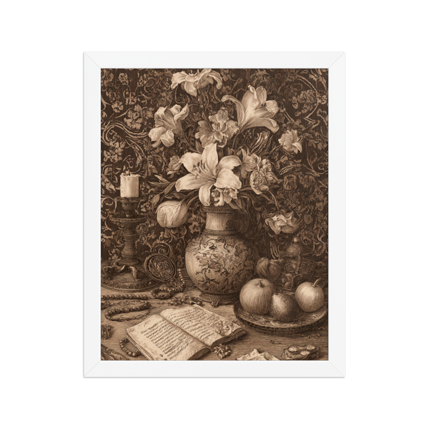 Sepia Renaissance Still Life – Framed Poster Wall Art | Symbolic Floral Decor | Printable Antique Aesthetic