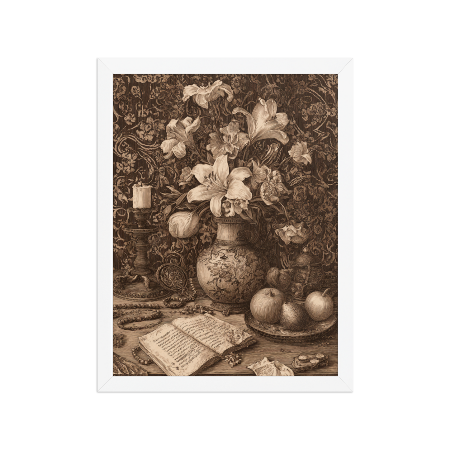 Sepia Renaissance Still Life – Framed Poster Wall Art | Symbolic Floral Decor | Printable Antique Aesthetic