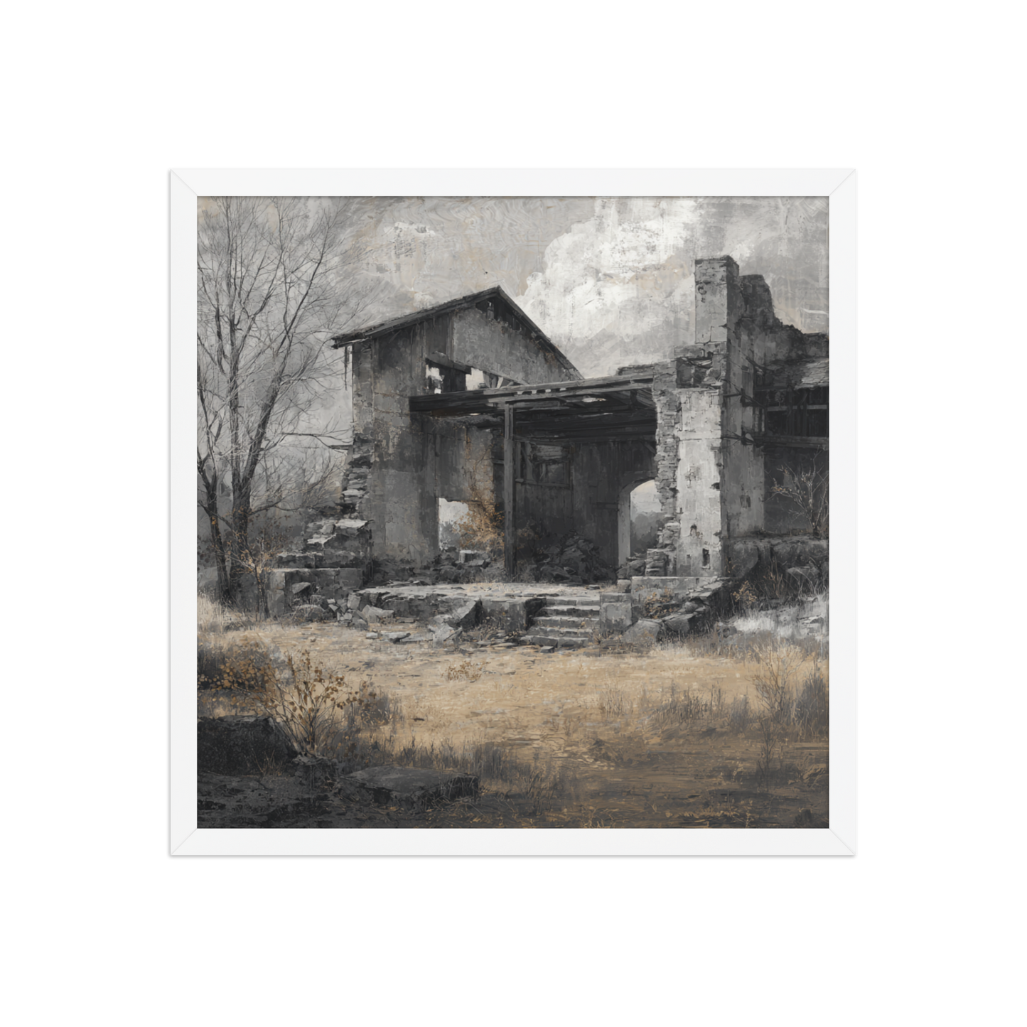 Ruins of Time – Rustic Abandoned House Framed Poster | Moody Vintage Landscape Wall Art