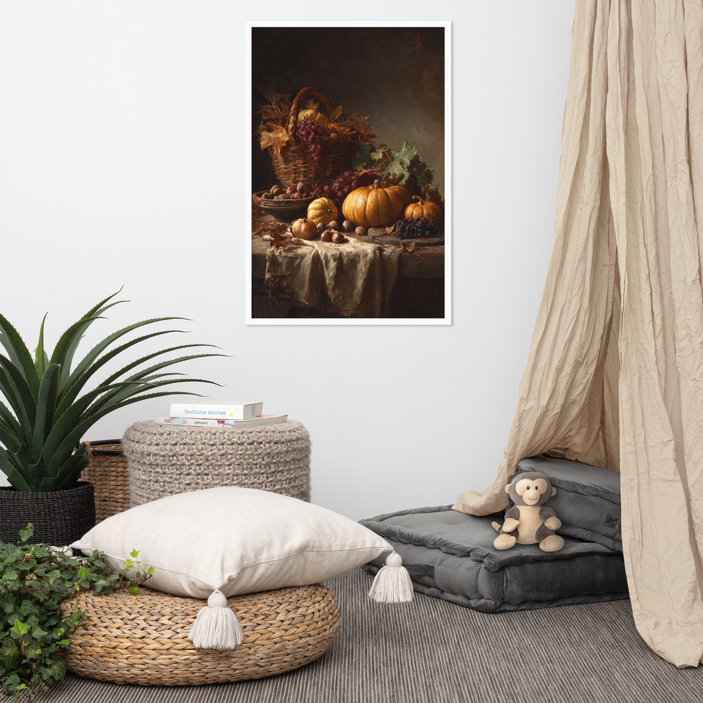 Autumn Harvest Still Life Framed Art Print – Rustic Pumpkin & Vineyard Oil Painting for Vintage Farmhouse Wall Décor