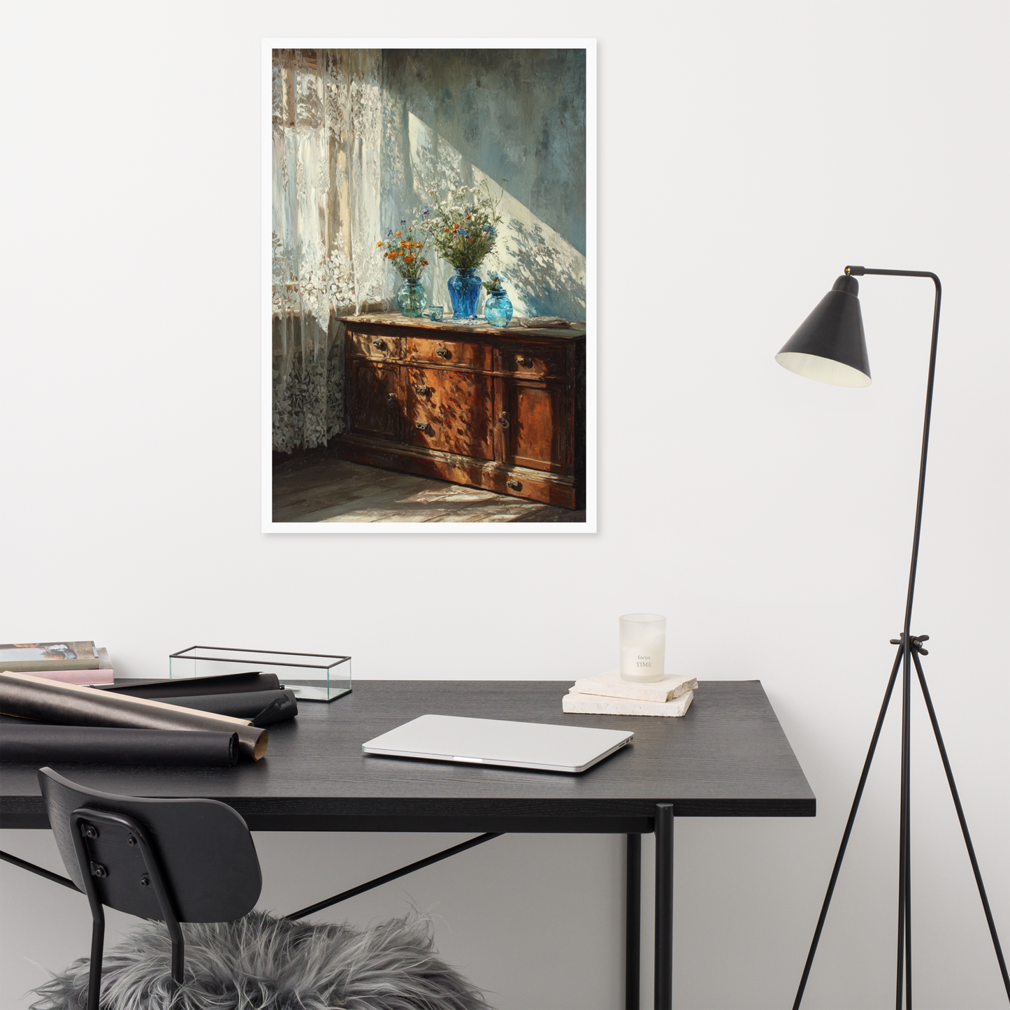 Blue Glass Vase Still Life Framed Art – Sunlit Vintage Interior Oil Painting Print for Rustic Farmhouse & Cozy Wall Decor