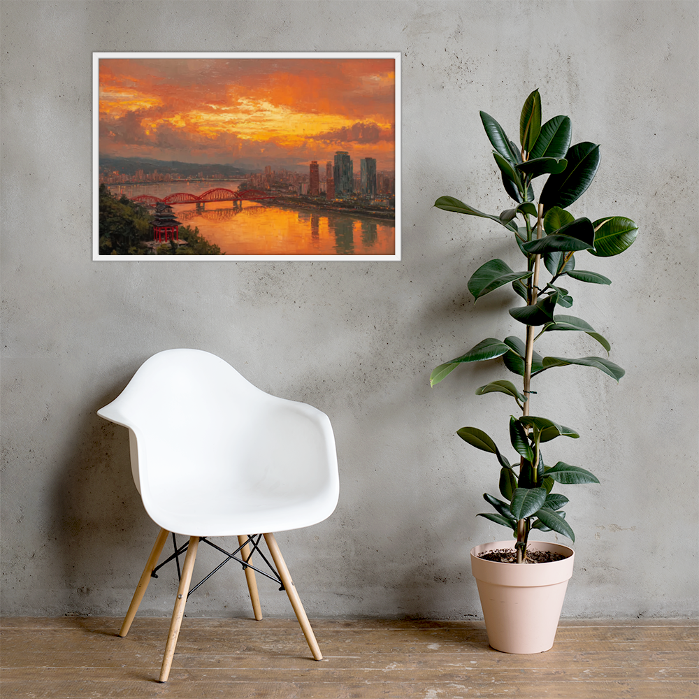 Golden City Dusk – Framed Sunset Skyline Poster | Chinese Urban Landscape Wall Art