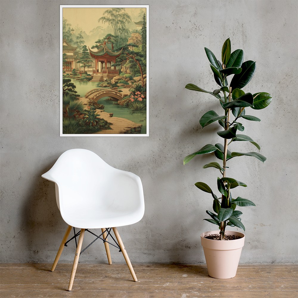 Tranquil Scholar’s Garden Pavilion – Framed Gongbi Landscape Poster