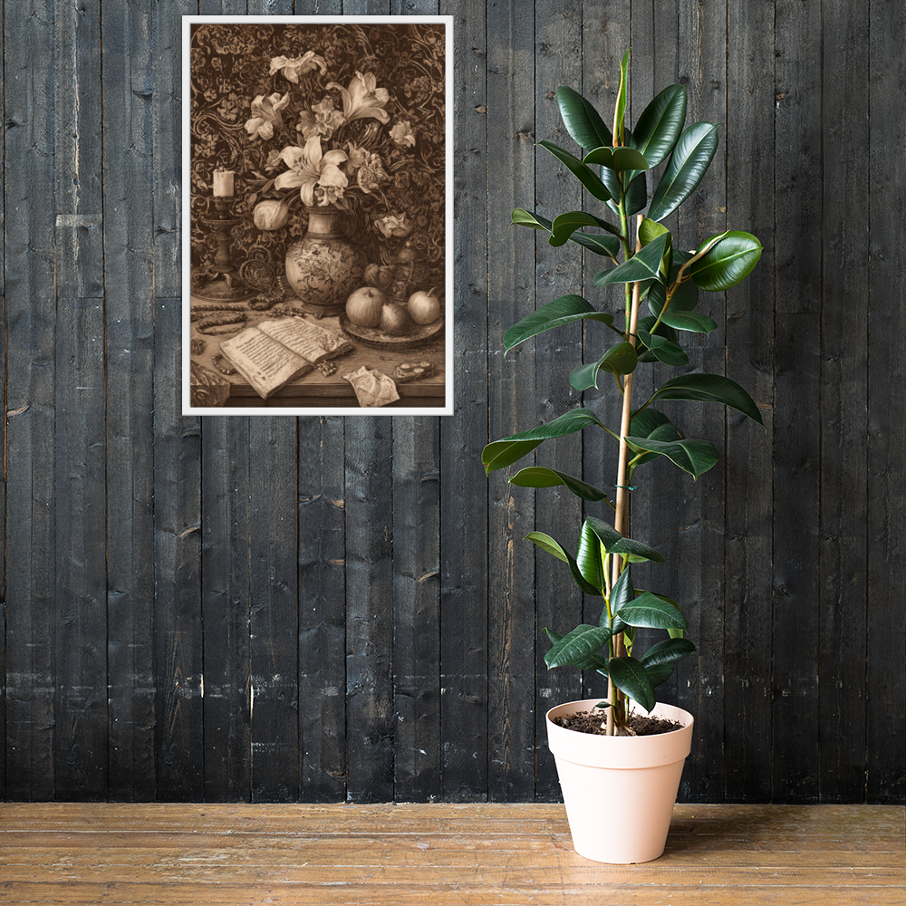 Sepia Renaissance Still Life – Framed Poster Wall Art | Symbolic Floral Decor | Printable Antique Aesthetic