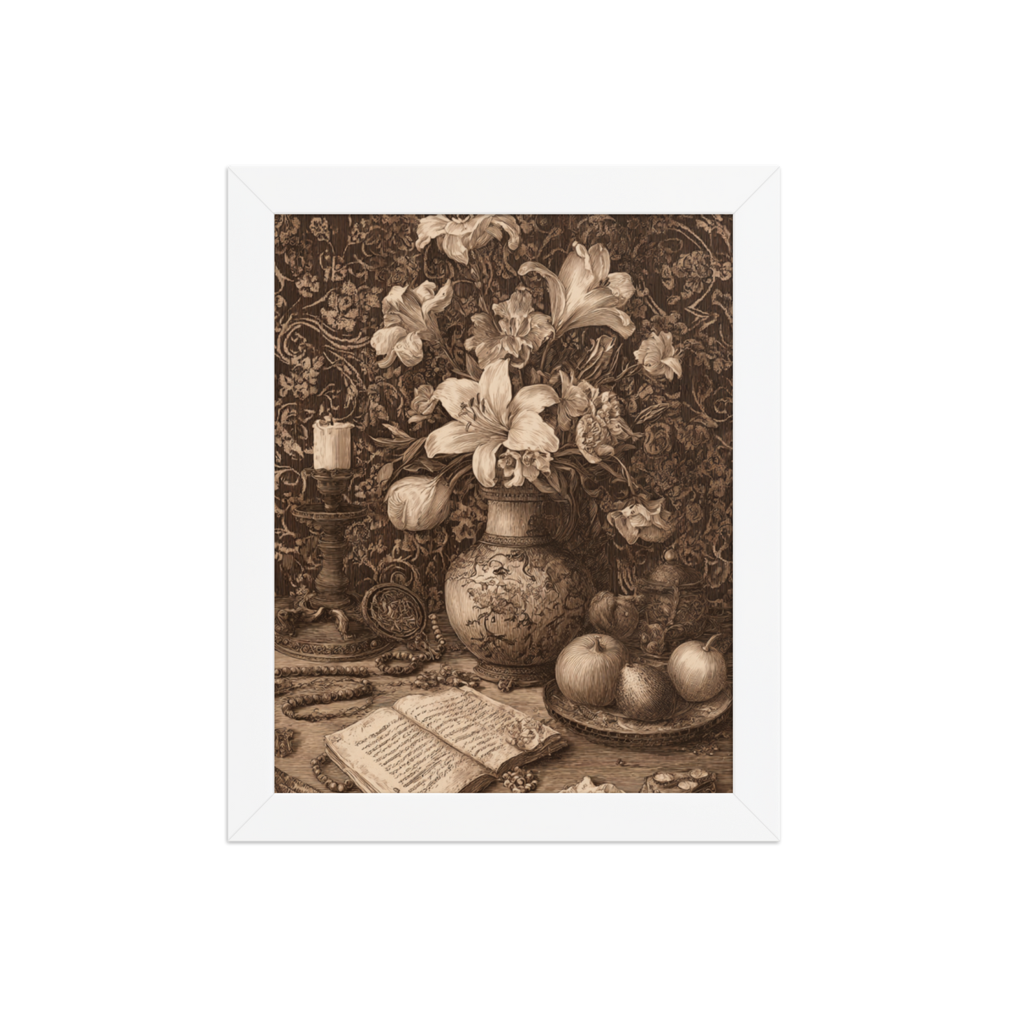 Sepia Renaissance Still Life – Framed Poster Wall Art | Symbolic Floral Decor | Printable Antique Aesthetic